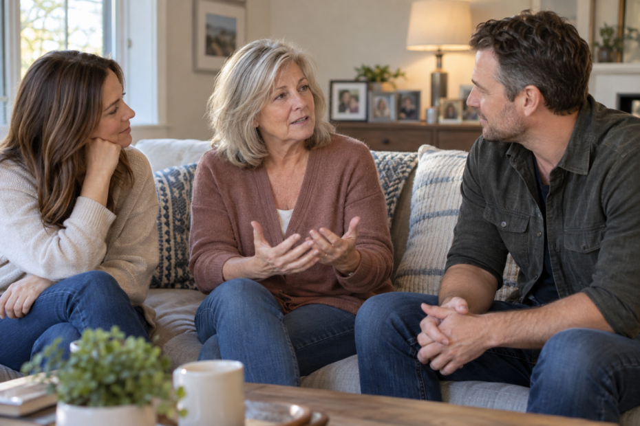 Widowed mother having a calm conversation with her adult children about dating again