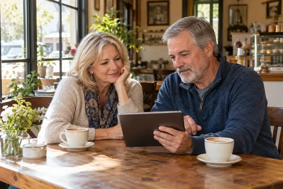Widowed adults reviewing online dating membership options together at a cafe