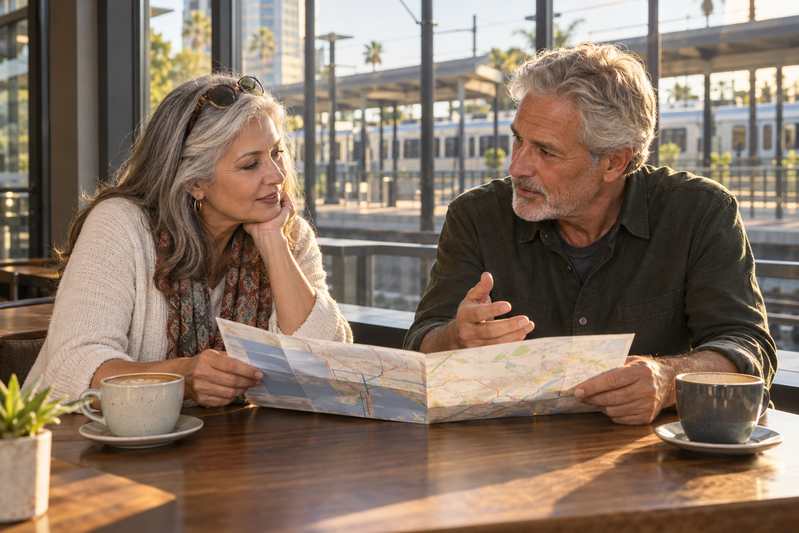 Widowed adults over 50 discussing a practical travel route for a California date