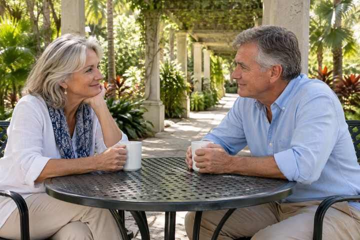 Widowed adults over 50 sharing a relaxed morning date in a shaded Florida garden