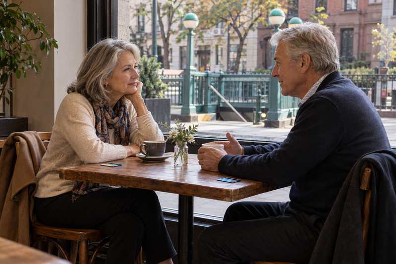Widowed New Yorkers over 50 having a calm first meeting near a subway entrance